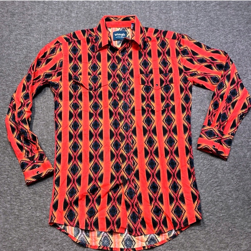 Wrangler Retro Aztec Shirt Mens Small Orange Pearl Snap Western Cowboy Crazy